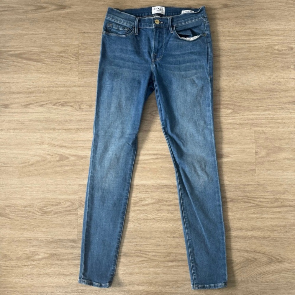 frame dark blue medium wash low rise waisted skinny denim jeans pants bottoms